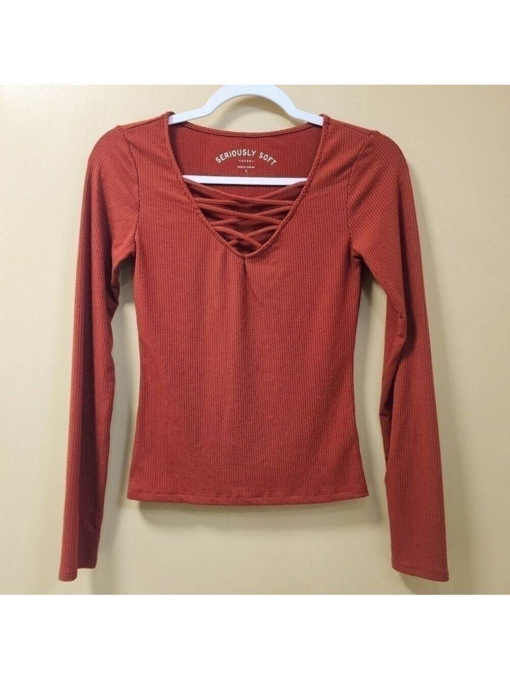 AERO Long Sleeve Seriously Soft Lace-up Ribbed Top size small